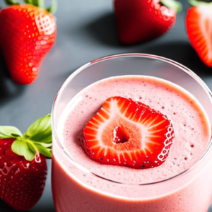 Strawberry-flavored protein drink in a glass with a sliced strawberry on top.