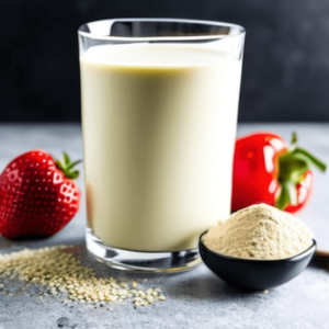 A Vanilla Whey Shake in a Glass with Strawberries on the Side